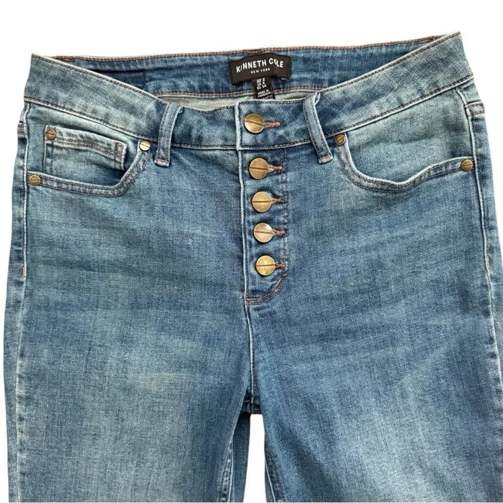 Kenneth Cole High Rise Straight Leg Jeans Blue Button Fly Raw Hem Denim Size 4 - Picture 3 of 8